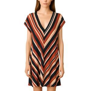 MNG Mango Multicolor Striped Short Drop Sleeve V Neck A Line Mini Day Dress Sz L